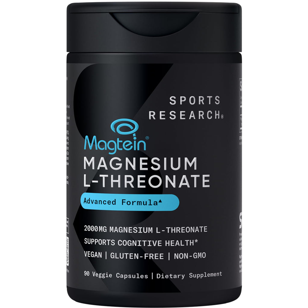Sports Research® Magnesium L-Threonate Capsules 2000mg - High-Absorption Magtein® for Enhanced Brain Health, Memory, Focus & Restful Sleep Support - Vegan · Non-GMO · Gluten Free - 90 Count - Maple Wellness Supplements