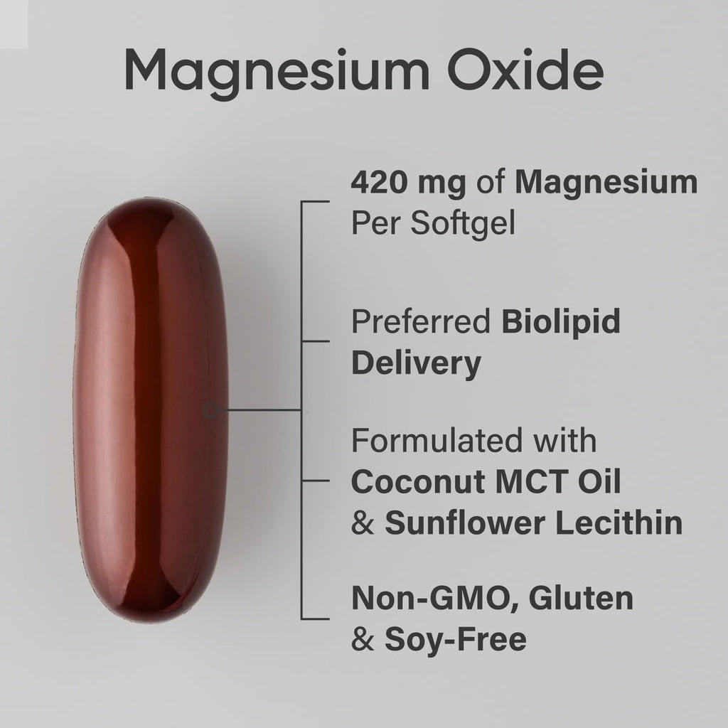Sports Research® Magnesium Oxide 420mg with Coconut MCT Oil - Magnesium Supplement for Muscle, Nerve, and Bone Support* - Gluten-Free, Non-GMO - 90 Softgels - Maple Wellness Supplements