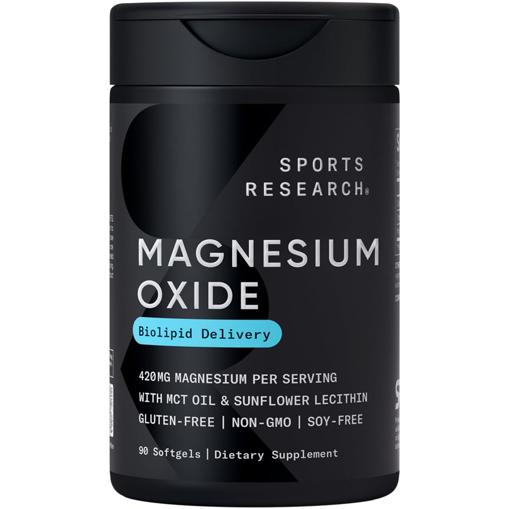 Sports Research® Magnesium Oxide 420mg with Coconut MCT Oil - Magnesium Supplement for Muscle, Nerve, and Bone Support* - Gluten-Free, Non-GMO - 90 Softgels - Maple Wellness Supplements