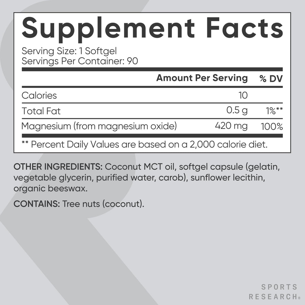 Sports Research® Magnesium Oxide 420mg with Coconut MCT Oil - Magnesium Supplement for Muscle, Nerve, and Bone Support* - Gluten-Free, Non-GMO - 90 Softgels - Maple Wellness Supplements