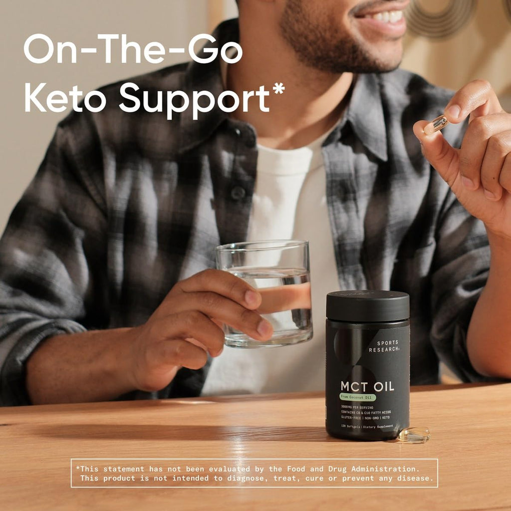 Sports Research MCT Oil Capsules derived from Coconut Oil | Keto Fuel for The Brain & Body | High Potency 3000 mg | Derived from Non-GMO Coconuts (120 Softgels) - Maple Wellness Supplements