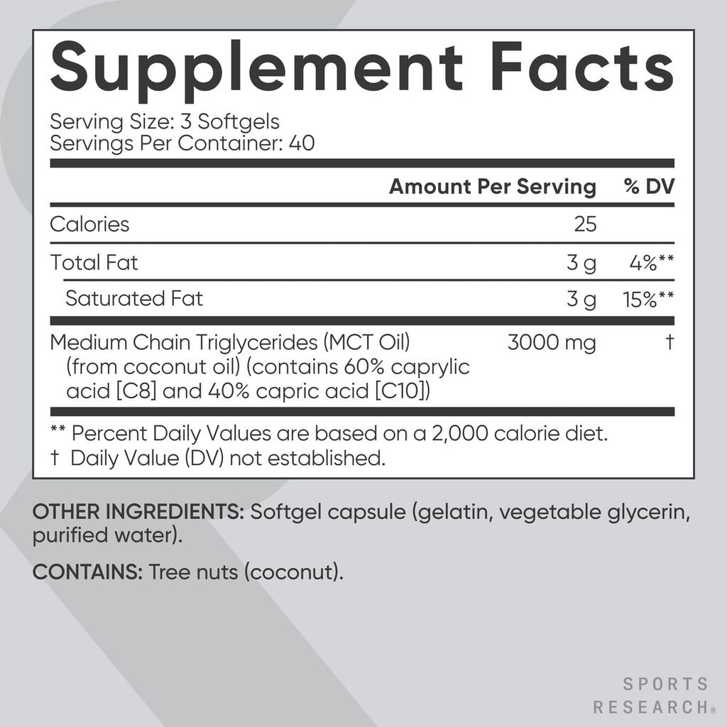 Sports Research MCT Oil Capsules derived from Coconut Oil | Keto Fuel for The Brain & Body | High Potency 3000 mg | Derived from Non-GMO Coconuts (120 Softgels) - Maple Wellness Supplements