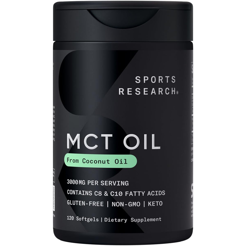 Sports Research MCT Oil Capsules derived from Coconut Oil | Keto Fuel for The Brain & Body | High Potency 3000 mg | Derived from Non-GMO Coconuts (120 Softgels) - Maple Wellness Supplements