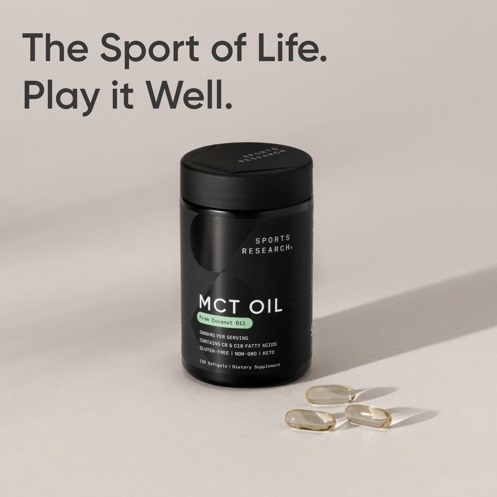 Sports Research MCT Oil Capsules derived from Coconut Oil | Keto Fuel for The Brain & Body | High Potency 3000 mg | Derived from Non-GMO Coconuts (120 Softgels) - Maple Wellness Supplements
