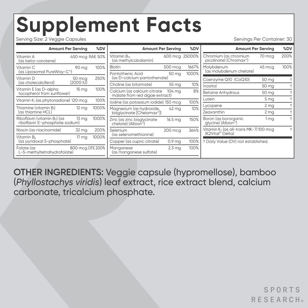 Sports Research® Multivitamin – Advanced Formula - 23 Essential Vitamins & Minerals with CoQ10 & Iodine - Daily Nutrient Support*- Non-GMO Tested & Gluten-Free -60 Veggie Capsules - TrustMedUSA