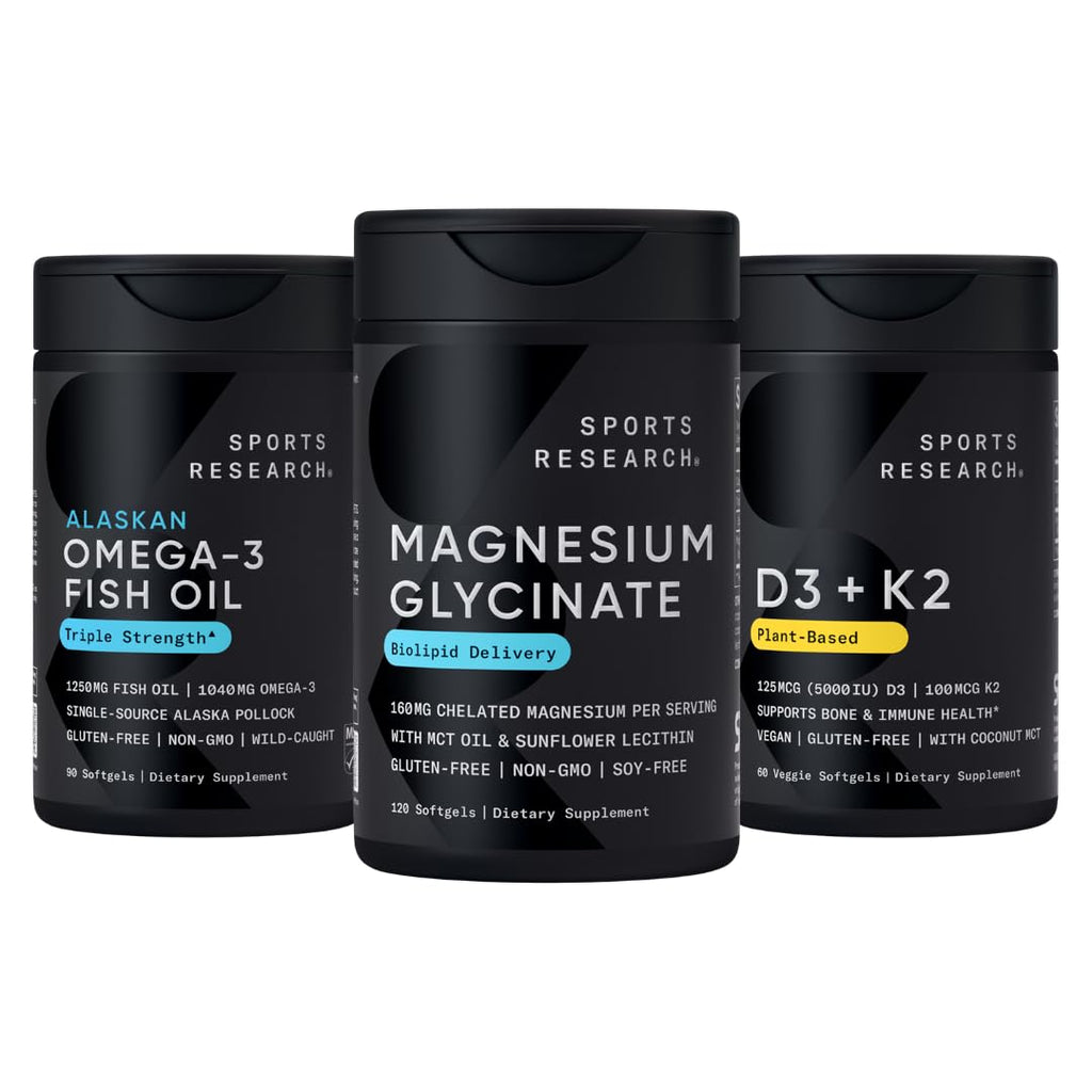Sports Research® Multivitamins Pack - Triple Strength Omega-3 Fish Oil 1250 + 160 mg Chelated Magnesium Glycinate + Vegan Vitamin D 5000iu & Mk7 Vitamin K 100mcg - Maple Wellness Supplements