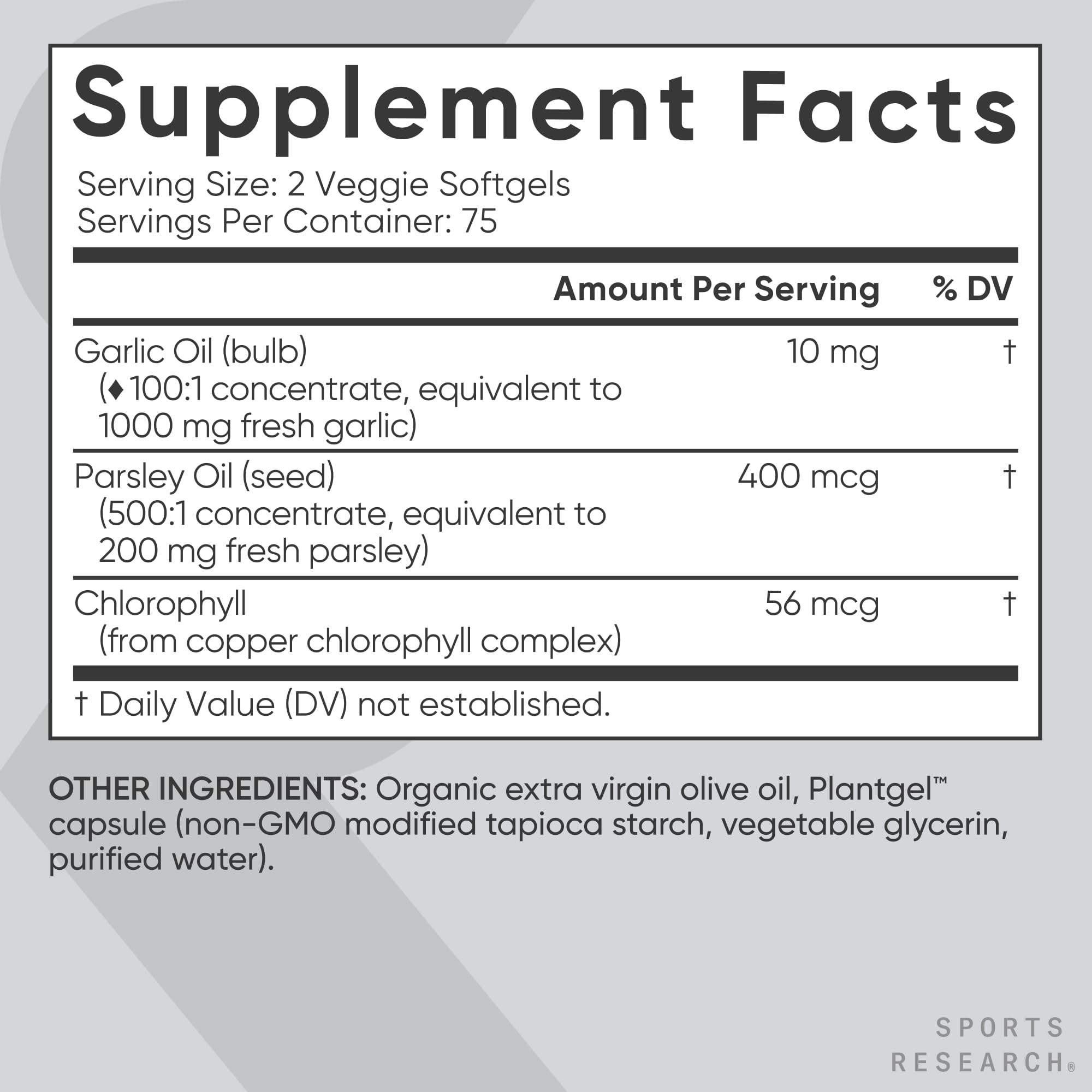 Sports Research® Odorless Garlic Oil Pills with Parsley & Chlorophyll - Vegan Certified · Non-GMO · Gluten Free - 150 Plantgel Capsules - Maple Wellness Supplements