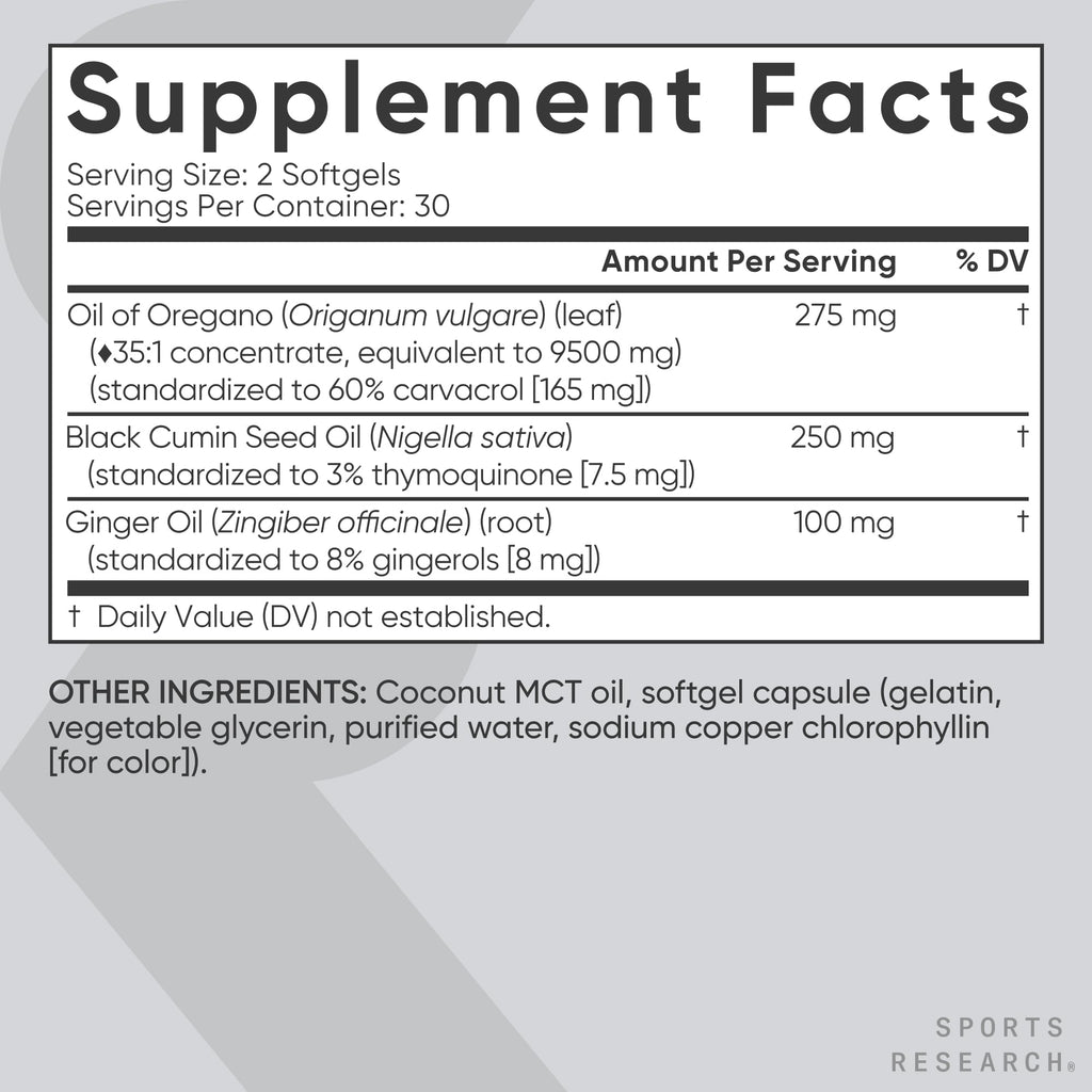 Sports Research® Oil of Oregano 9500mg w/Black Seed Oil & Coconut MCT Oil - Antioxidant Combination Supplement Rich in Thymoquinone & Carvacrol - Gluten Free · Non-GMO - 60 Softgels - Maple Wellness Supplements