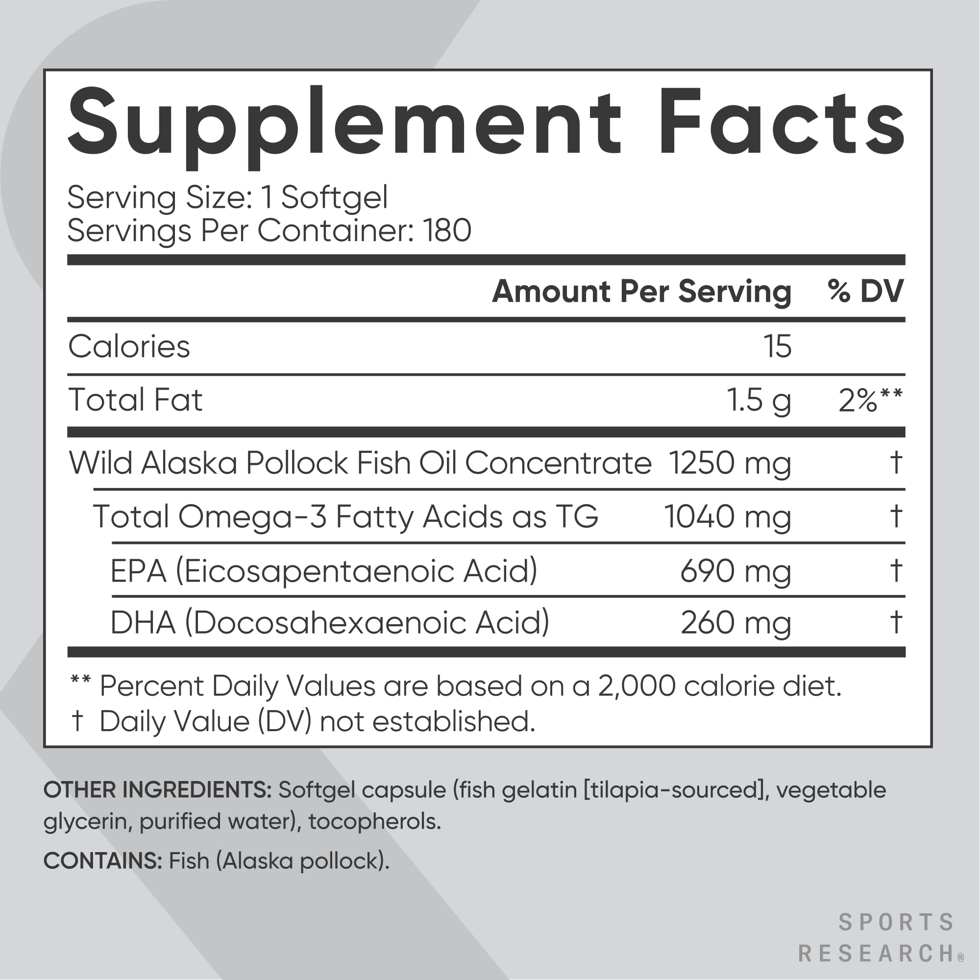 Sports Research® Omega-3 Fish Oil 1250 - Triple Strength Fish Oil Supplement from Wild Alaska Pollock - MSC Certified Sustainable · Non-GMO · Soy Free - 180 Softgel Capsules - Maple Wellness Supplements