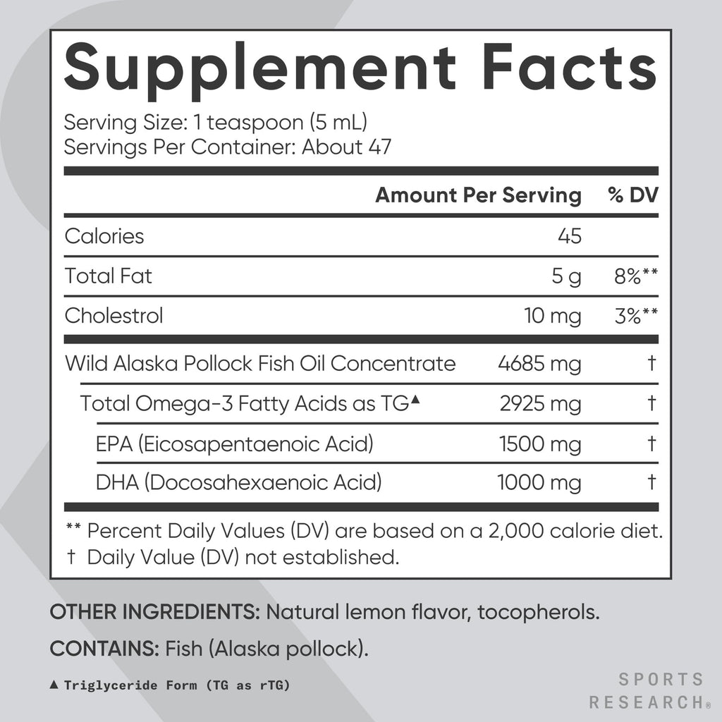 Sports Research® Omega-3 Fish Oil, 8oz Glass Bottle - 4685mg of Wild Caught Alaska Pollock Fish Oil per Serving - Easy-to-Take Liquid · Lemon Flavor · Non-GMO · MSC Certified Sustainable - 48 Servings - Maple Wellness Supplements