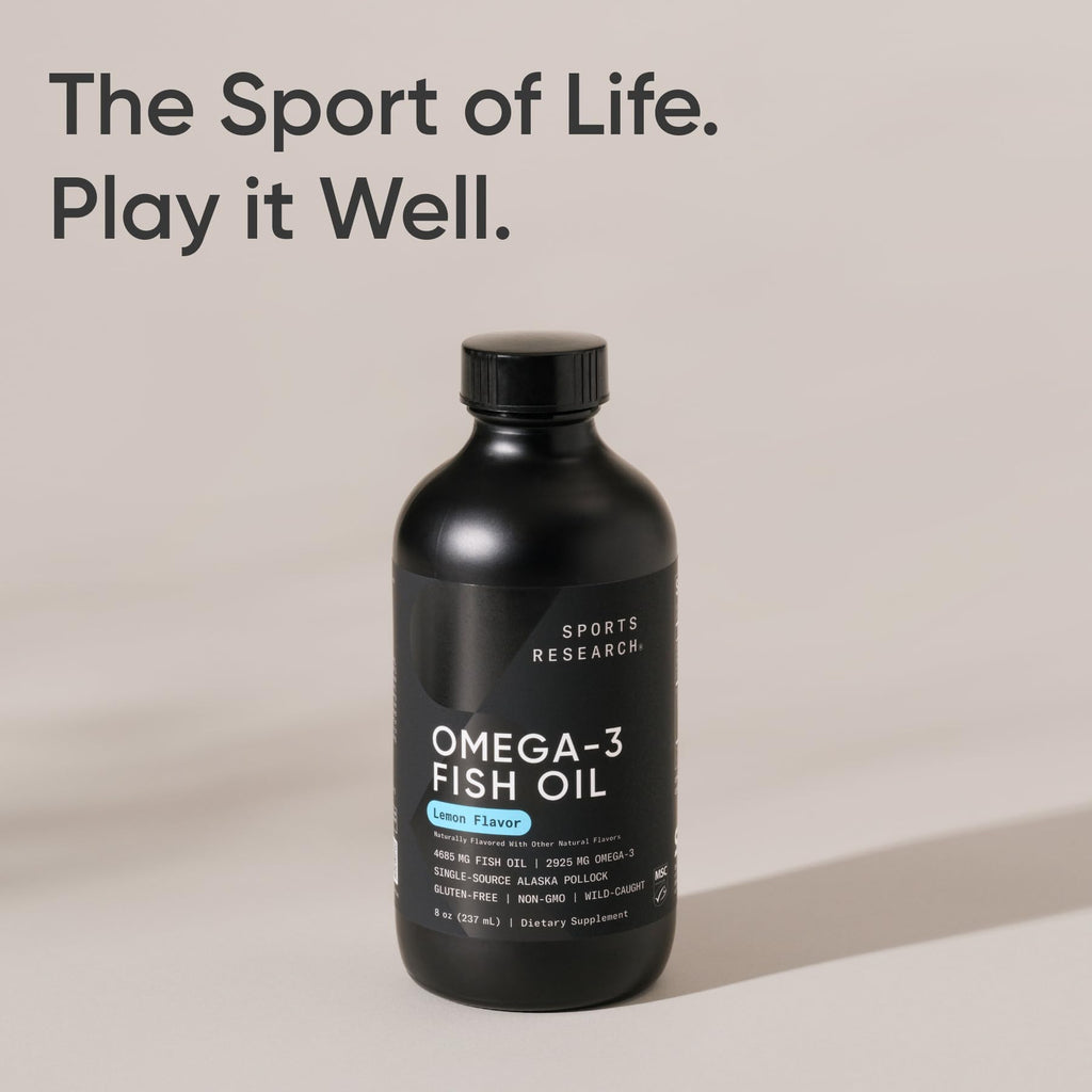 Sports Research® Omega-3 Fish Oil, 8oz Glass Bottle - 4685mg of Wild Caught Alaska Pollock Fish Oil per Serving - Easy-to-Take Liquid · Lemon Flavor · Non-GMO · MSC Certified Sustainable - 48 Servings - Maple Wellness Supplements