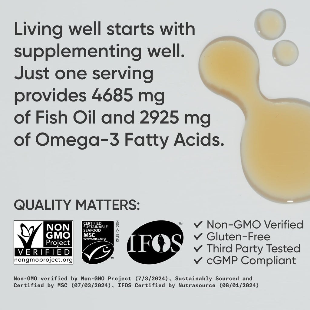 Sports Research® Omega-3 Fish Oil, 8oz Glass Bottle - 4685mg of Wild Caught Alaska Pollock Fish Oil per Serving - Easy-to-Take Liquid · Lemon Flavor · Non-GMO · MSC Certified Sustainable - 48 Servings - Maple Wellness Supplements