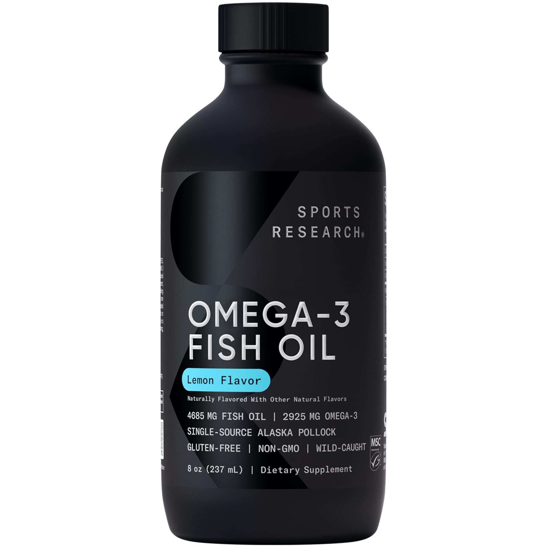 Sports Research® Omega-3 Fish Oil, 8oz Glass Bottle - 4685mg of Wild Caught Alaska Pollock Fish Oil per Serving - Easy-to-Take Liquid · Lemon Flavor · Non-GMO · MSC Certified Sustainable - 48 Servings - Maple Wellness Supplements