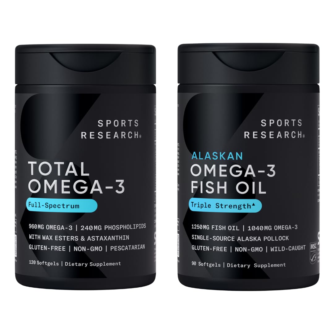 Sports Research® Omega-3 Fish Oil Bundle - Total Omega-3 2200mg (Krill, Salmon & Pollock) + Triple Strength Fish Oil 1250mg - High EPA & DHA Supplement - Maple Wellness Supplements