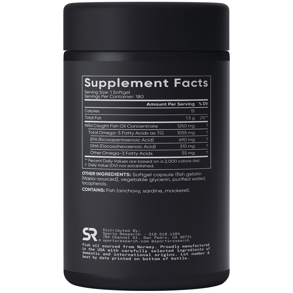 Sports Research Omega-3 Fish Oil, Triple Strength, 180 Softgels - Maple Wellness Supplements