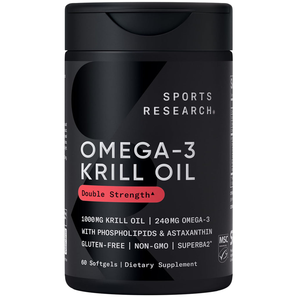 Sports Research® Omega-3 Krill Oil 1000mg - Pure Antarctic Superba Krill with Phospholipids, Choline & Astaxanthin - MSC Certified Sustainable · Non-GMO · Gluten Free - 60 Softgels - TrustMedUSA