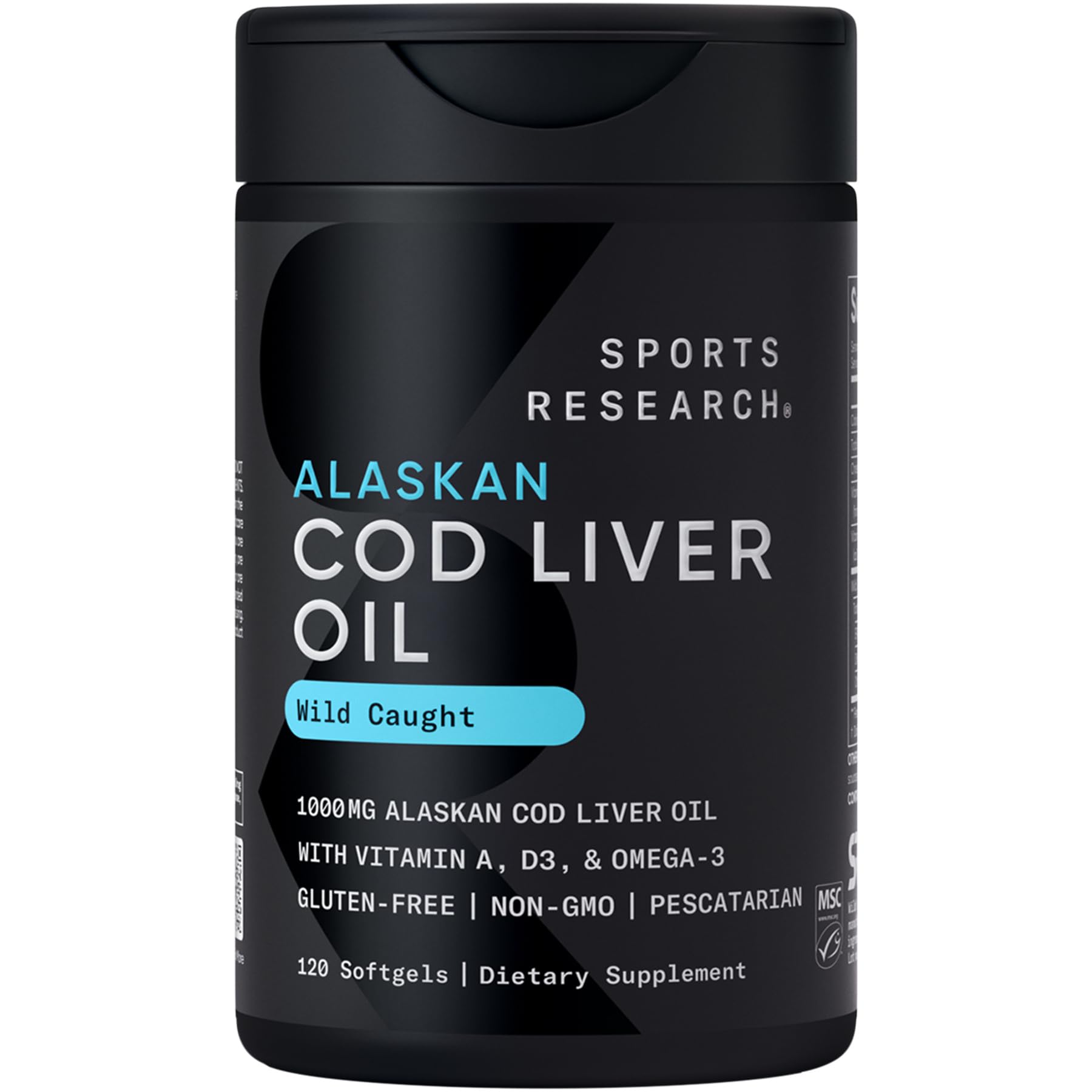 Sports Research® Omega-3 Wild Alaskan Cod Liver Oil 1000mg with Vitamins A (1000 IU) & D3 (400 IU) - Burpless, Bovine Free, Non-GMO, & MSC Certified Sustainable - 120 Softgels - Maple Wellness Supplements