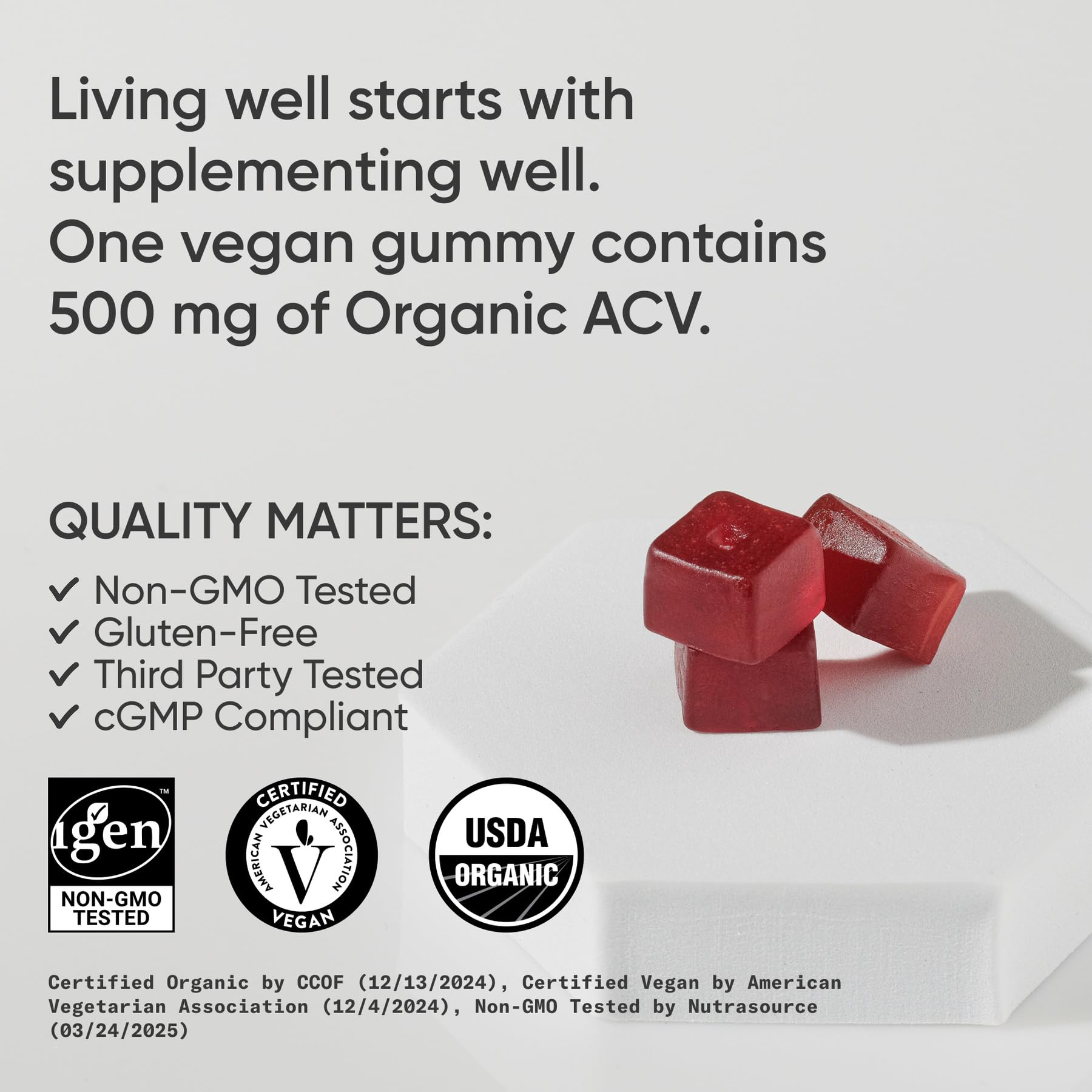 Sports Research Organic Apple Cider Vinegar Gummies - for Diet Cleanses & Digestion | 500mg | Non-GMO Tested, Certified Vegan, Gluten Free ACV - 60 Gummies for Adults, 1 Month Supply - Maple Wellness Supplements