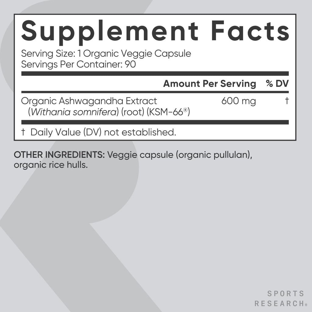 Sports Research® Organic Ashwagandha – Adaptogen for Relaxation, Calm & Sleep Support – Made with Organic KSM-66® – 600 mg – Non-GMO Verified, Gluten-Free, Certified Vegan – 90 Veggie Capsules - Maple Wellness Supplements