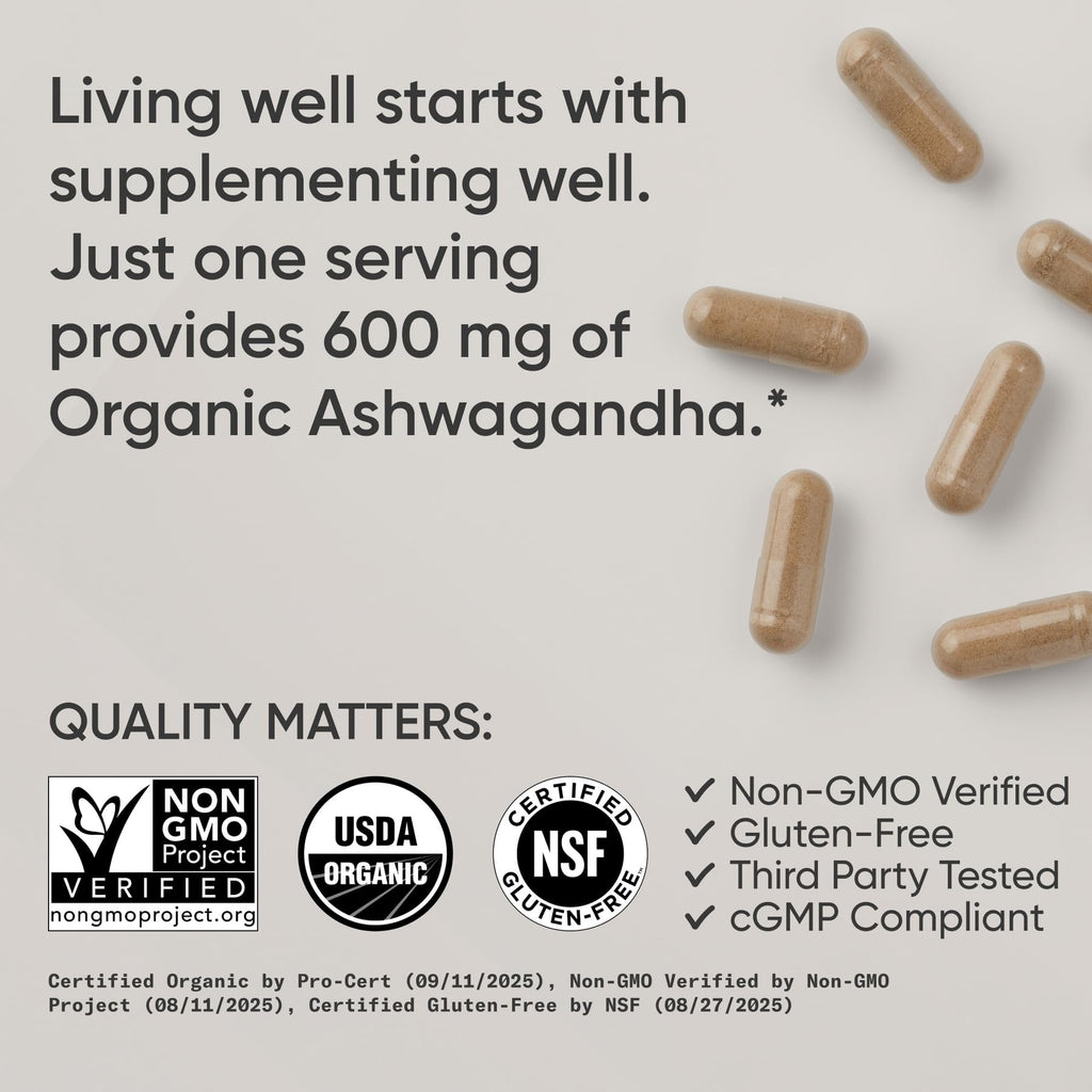Sports Research® Organic Ashwagandha – Adaptogen for Relaxation, Calm & Sleep Support – Made with Organic KSM-66® – 600 mg – Non-GMO Verified, Gluten-Free, Certified Vegan – 90 Veggie Capsules - Maple Wellness Supplements