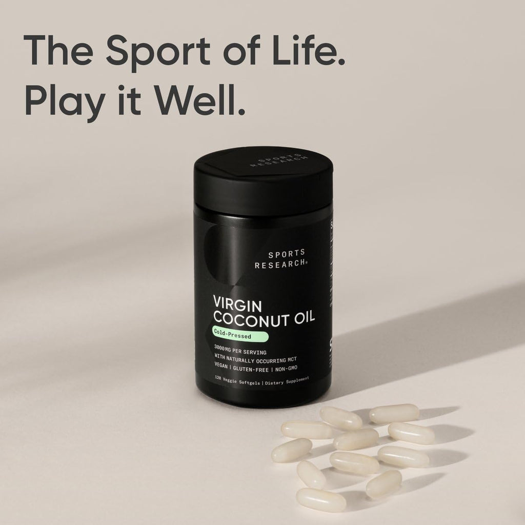 Sports Research® Organic Coconut Oil Capsules 3000MG - Cold Pressed Extra Virgin Coconut Oil with Medium Chain Triglycerides (MCTs) - Vegan Friendly & Non-GMO Verified - 120 Softgels - Maple Wellness Supplements