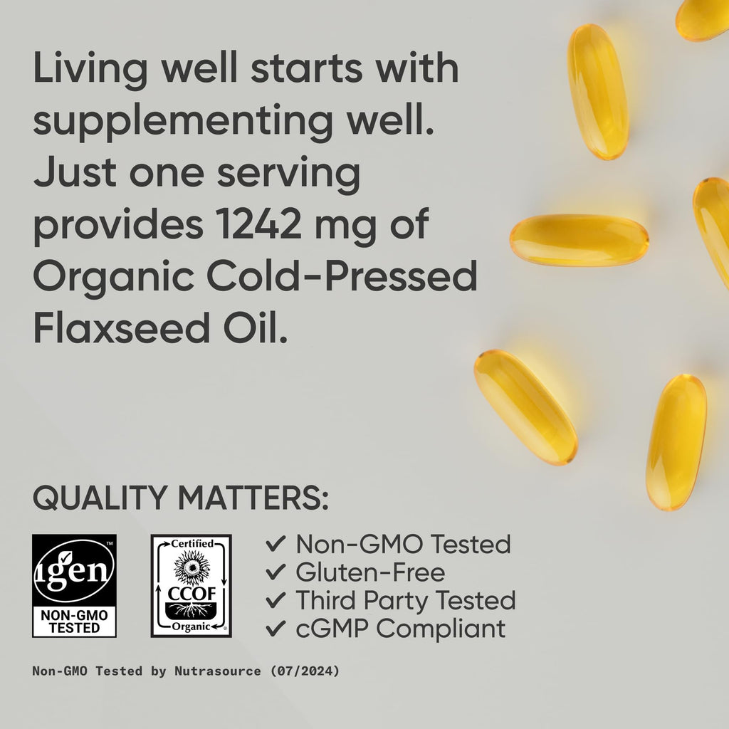 Sports Research Organic Flaxseed Oil Softgels 1242mg - Plant Based Omega 3 Supplement with 720mg ALA for Women & Men - Non-GMO, Soy & Gluten Free (200 Count) - Maple Wellness Supplements