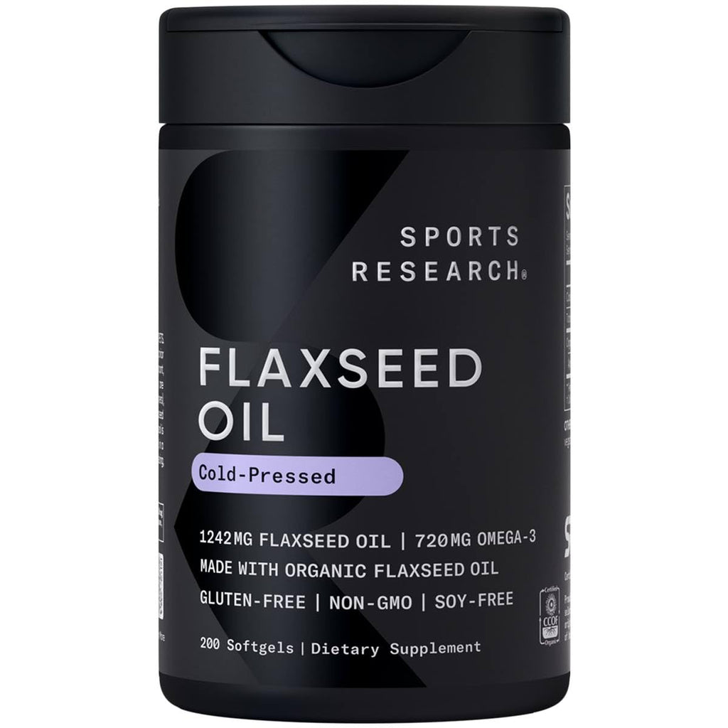 Sports Research Organic Flaxseed Oil Softgels 1242mg - Plant Based Omega 3 Supplement with 720mg ALA for Women & Men - Non-GMO, Soy & Gluten Free (200 Count) - Maple Wellness Supplements