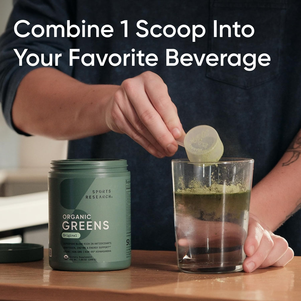 Sports Research® Organic Greens Superfood Powder w/Spirulina & Chlorella, Adaptogens, Enzymes, Probiotics & 8 VIT Bs for Gut & Mood Support* - Vegan, Sugar-Free & Low-Cal Original 20 Servings - Maple Wellness Supplements