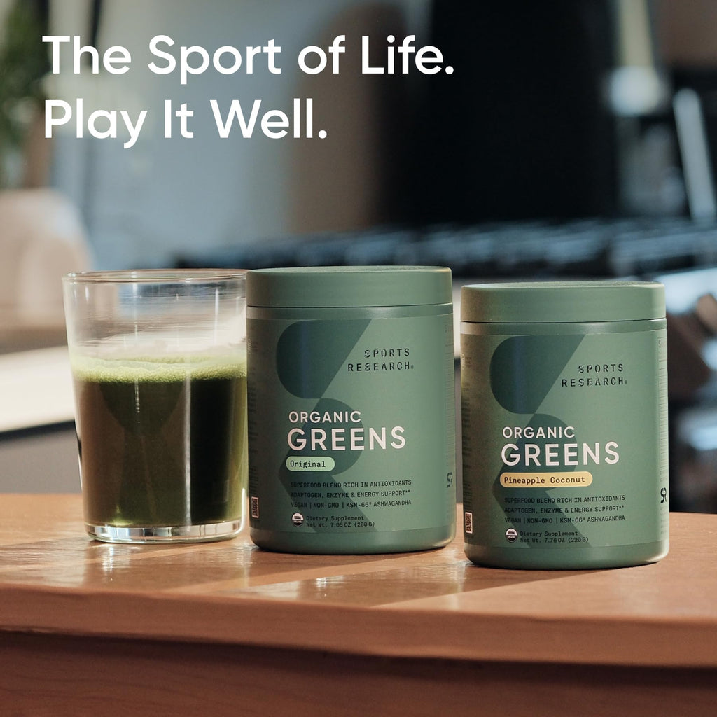 Sports Research® Organic Greens Superfood Powder w/Spirulina & Chlorella, Adaptogens, Enzymes, Probiotics & 8 VIT Bs for Gut & Mood Support* - Vegan, Sugar-Free & Low-Cal Original 20 Servings - Maple Wellness Supplements
