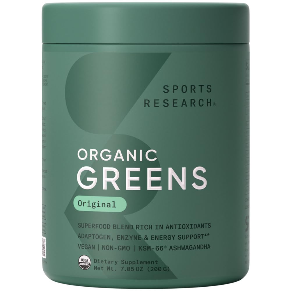 Sports Research® Organic Greens Superfood Powder w/Spirulina & Chlorella, Adaptogens, Enzymes, Probiotics & 8 VIT Bs for Gut & Mood Support* - Vegan, Sugar-Free & Low-Cal Original 20 Servings - Maple Wellness Supplements