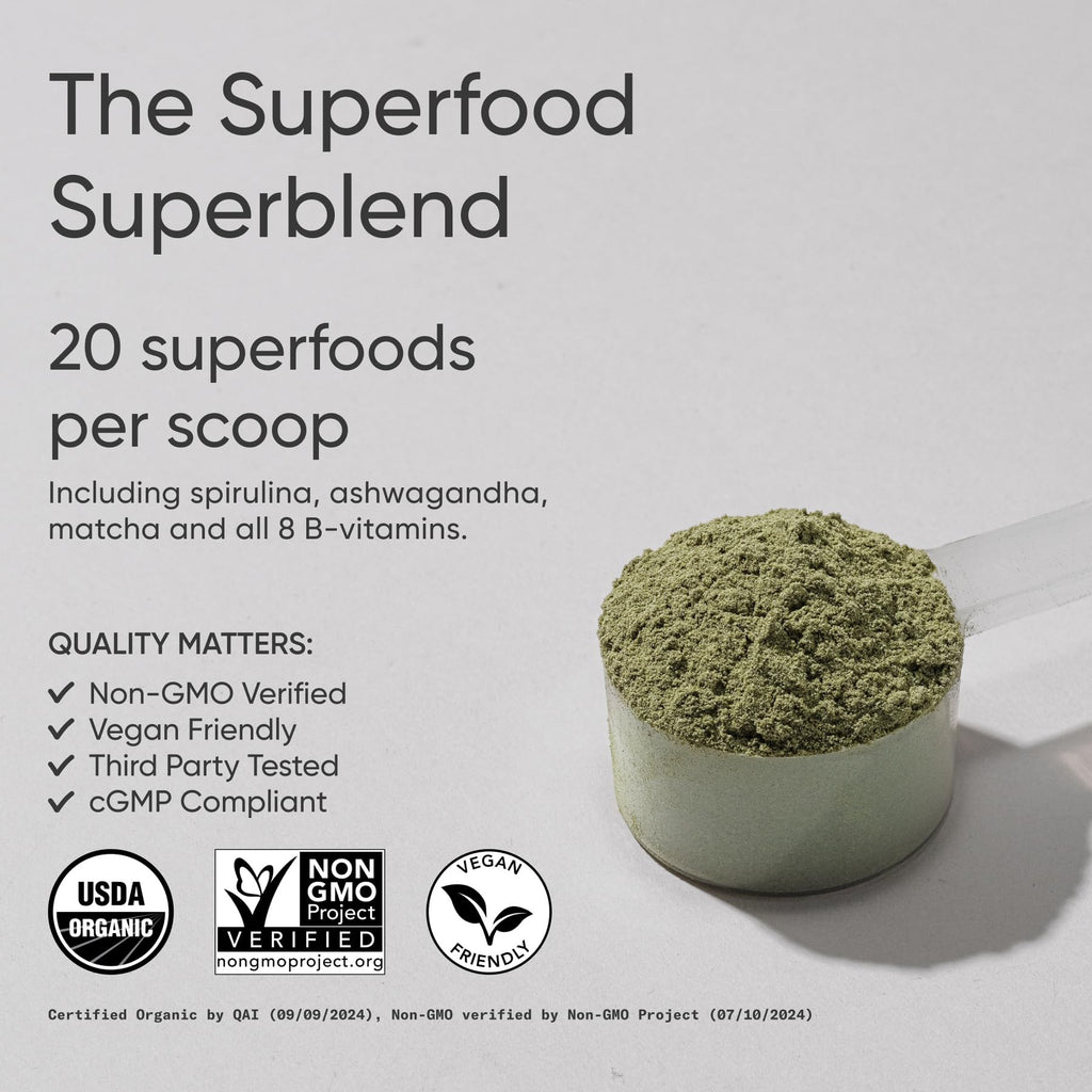 Sports Research® Organic Greens Superfood Powder w/Spirulina & Chlorella, Adaptogens, Enzymes, Probiotics & 8 VIT Bs for Gut & Mood Support* - Vegan, Sugar-Free & Low-Cal Original 20 Servings - Maple Wellness Supplements