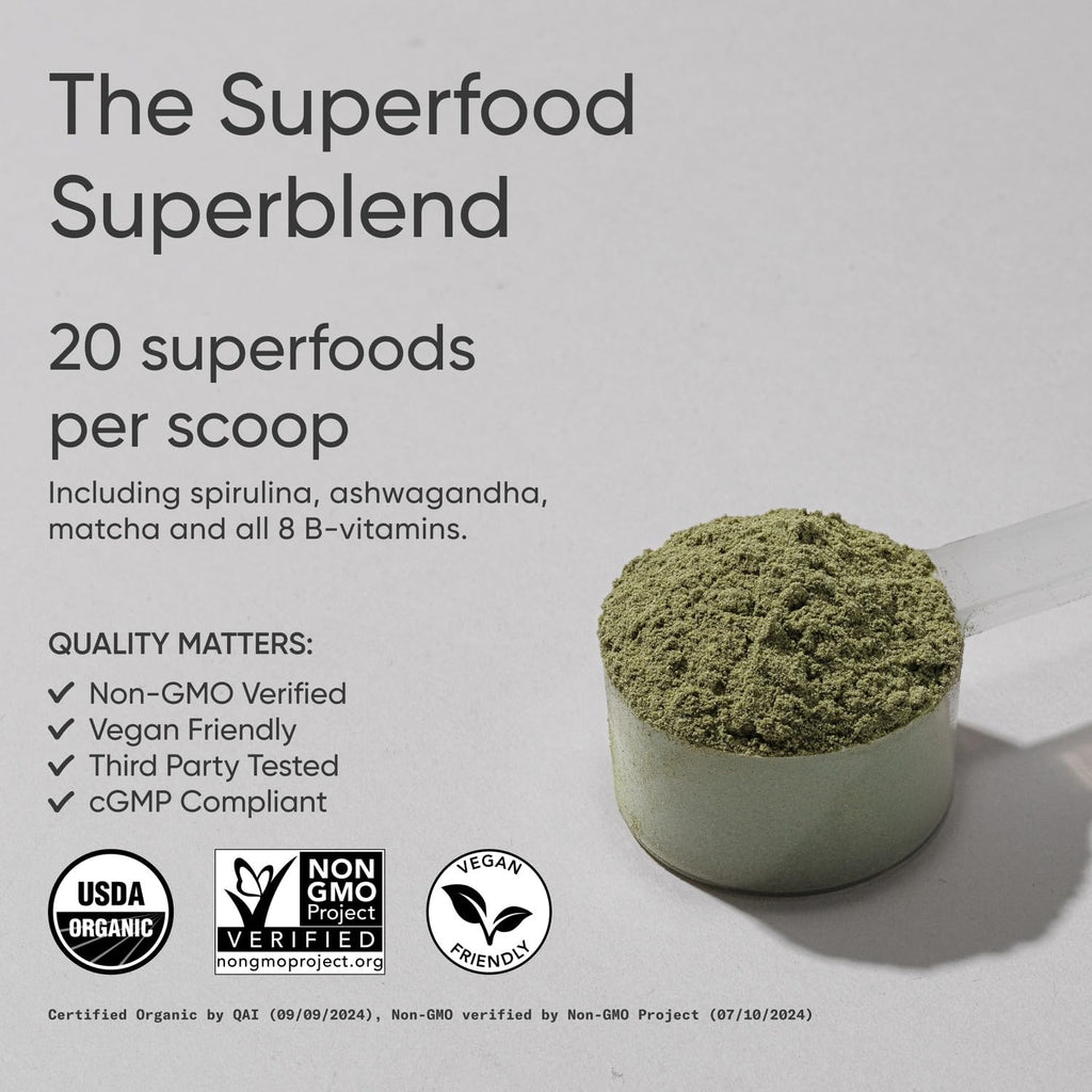 Sports Research® Organic Greens Superfood Powder w/Spirulina & Chlorella, Adaptogens, Enzymes, Probiotics & 8 VIT Bs for Gut & Mood Support* - Vegan, Sugar-Free & Low-Cal Original 30 Servings - Maple Wellness Supplements