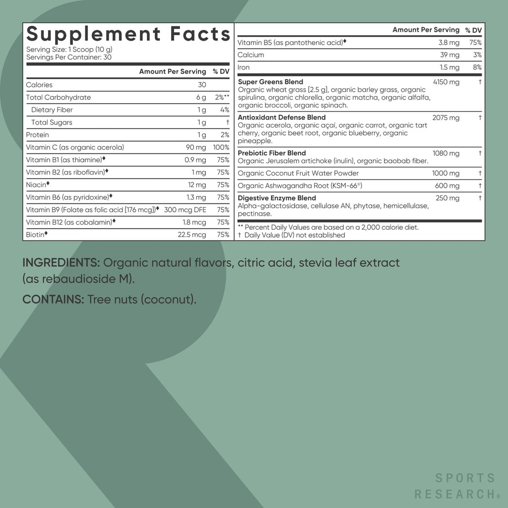 Sports Research® Organic Greens Superfood Powder w/Spirulina & Chlorella, Adaptogens, Enzymes, Probiotics & 8 VIT Bs for Gut & Mood Support* - Vegan, Sugar-Free & Low-Cal Original 30 Servings - Maple Wellness Supplements