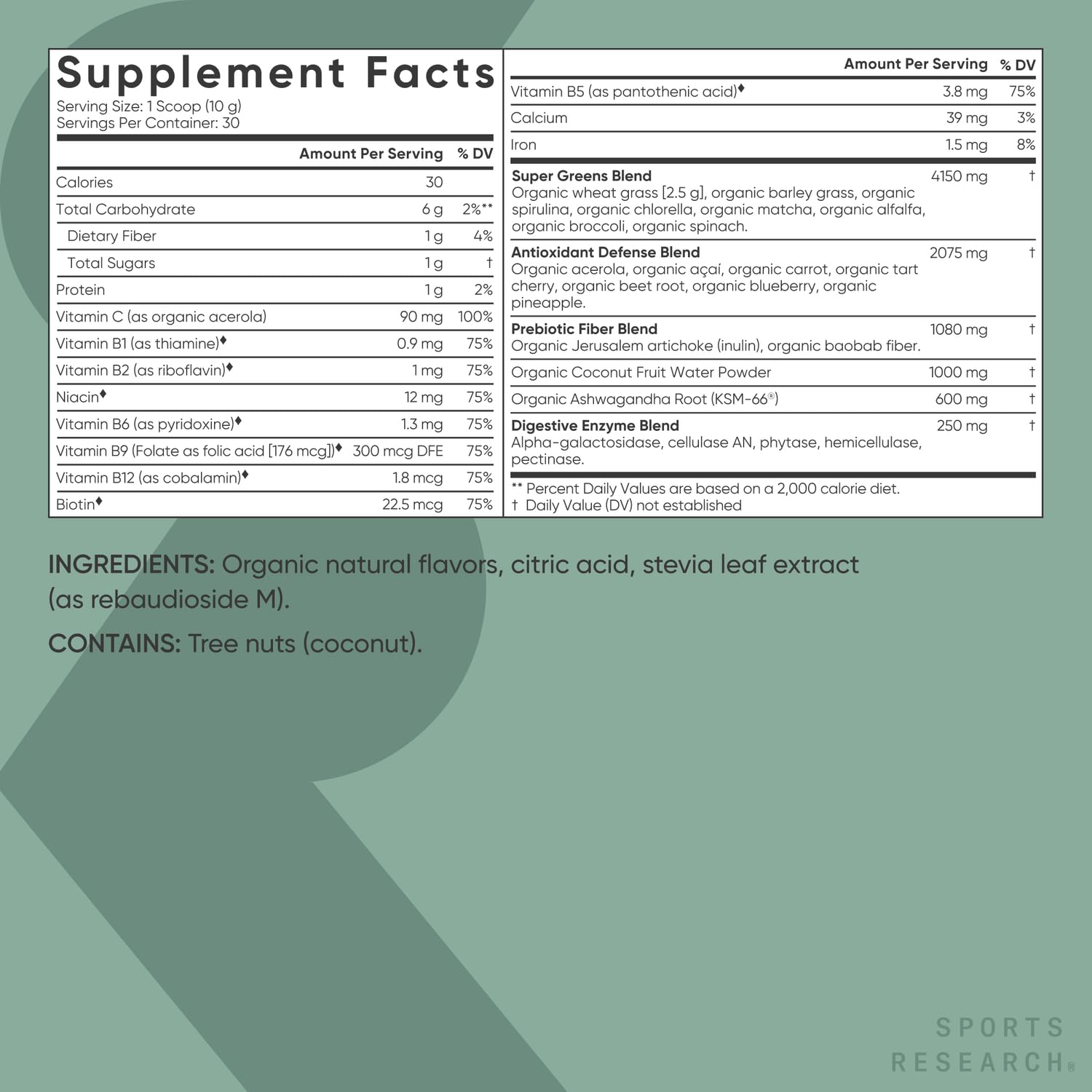 Sports Research® Organic Greens Superfood Powder w/Spirulina & Chlorella, Adaptogens, Enzymes, Probiotics & 8 VIT Bs for Gut & Mood Support* - Vegan, Sugar-Free & Low-Cal Original 30 Servings - Maple Wellness Supplements