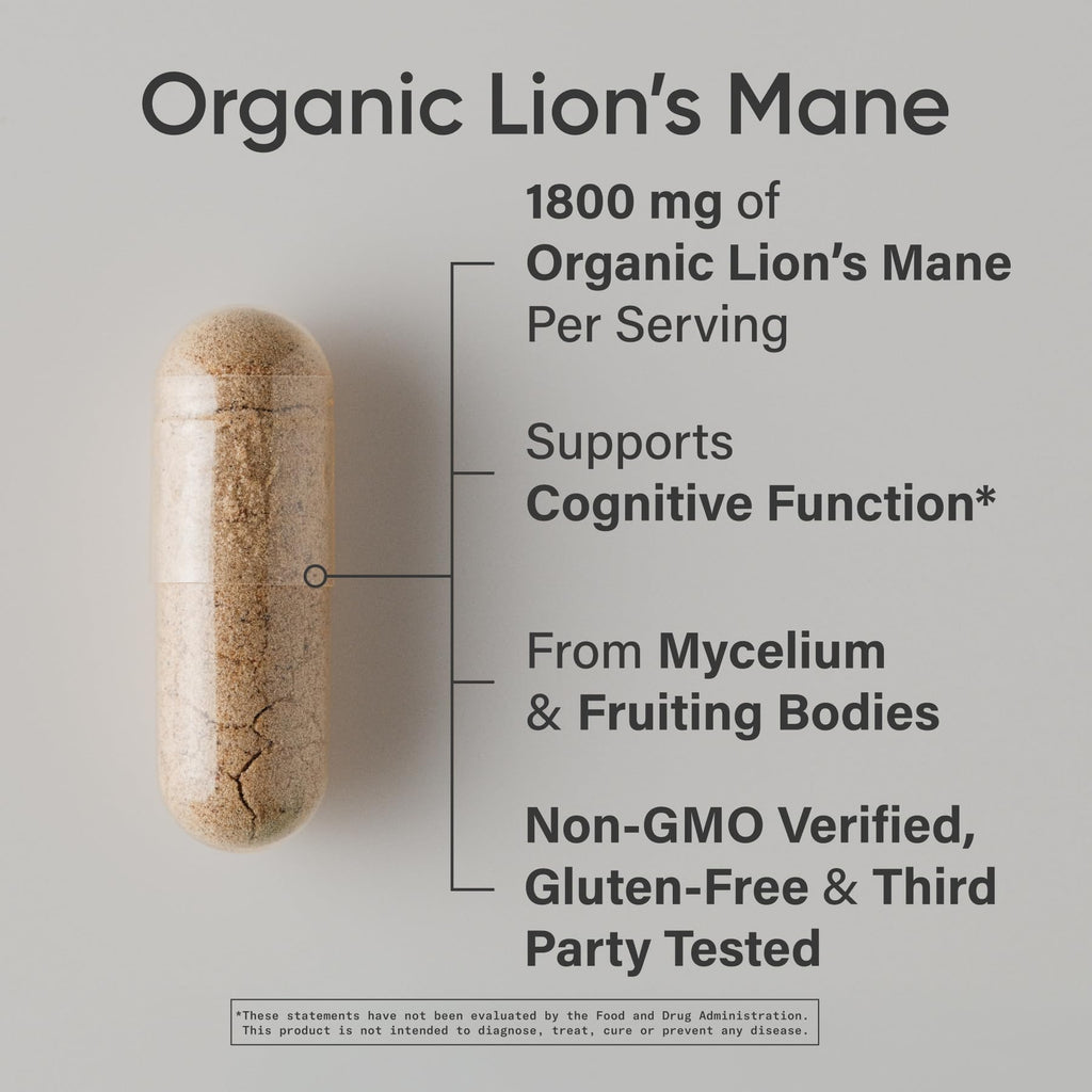 Sports Research® Organic Lion's Mane Mushroom Supplement 1800mg - Brain Health, Focus & Cognitive Supports - USDA Certified Organic · Non-GMO · Vegan - 90 Count Capsules - Maple Wellness Supplements