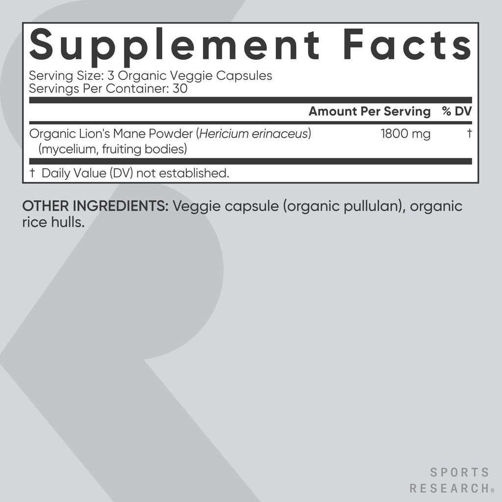 Sports Research® Organic Lion's Mane Mushroom Supplement 1800mg - Brain Health, Focus & Cognitive Supports - USDA Certified Organic · Non-GMO · Vegan - 90 Count Capsules - Maple Wellness Supplements