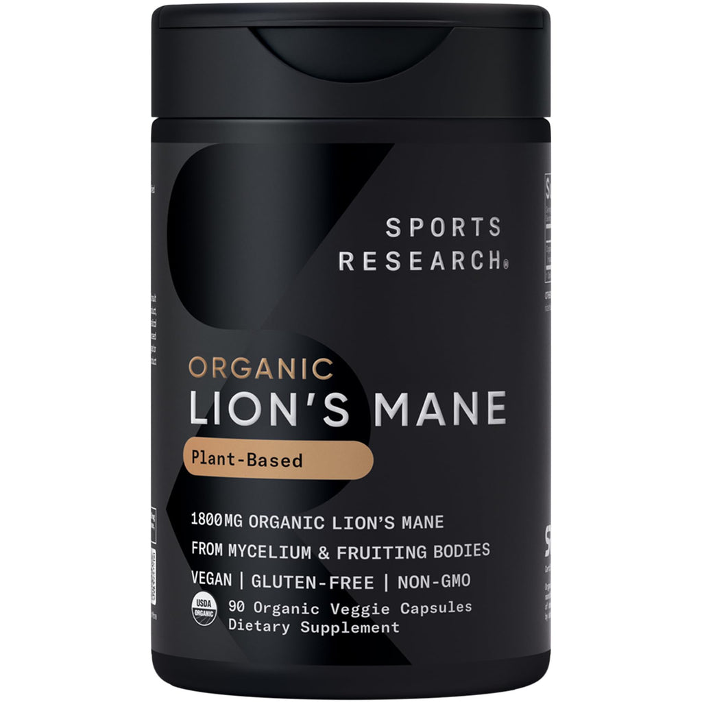 Sports Research® Organic Lion's Mane Mushroom Supplement 1800mg - Brain Health, Focus & Cognitive Supports - USDA Certified Organic · Non-GMO · Vegan - 90 Count Capsules - Maple Wellness Supplements