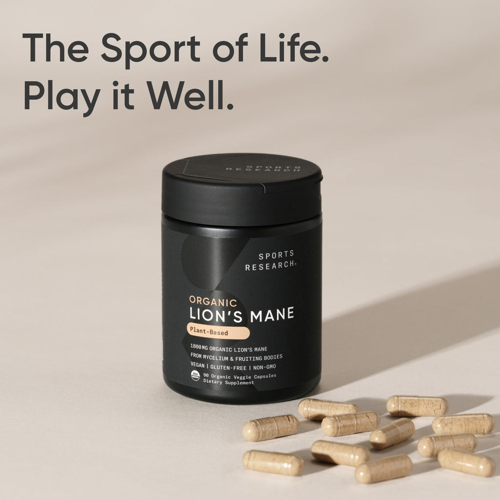 Sports Research® Organic Lion's Mane Mushroom Supplement 1800mg - Brain Health, Focus & Cognitive Supports - USDA Certified Organic · Non-GMO · Vegan - 90 Count Capsules - Maple Wellness Supplements
