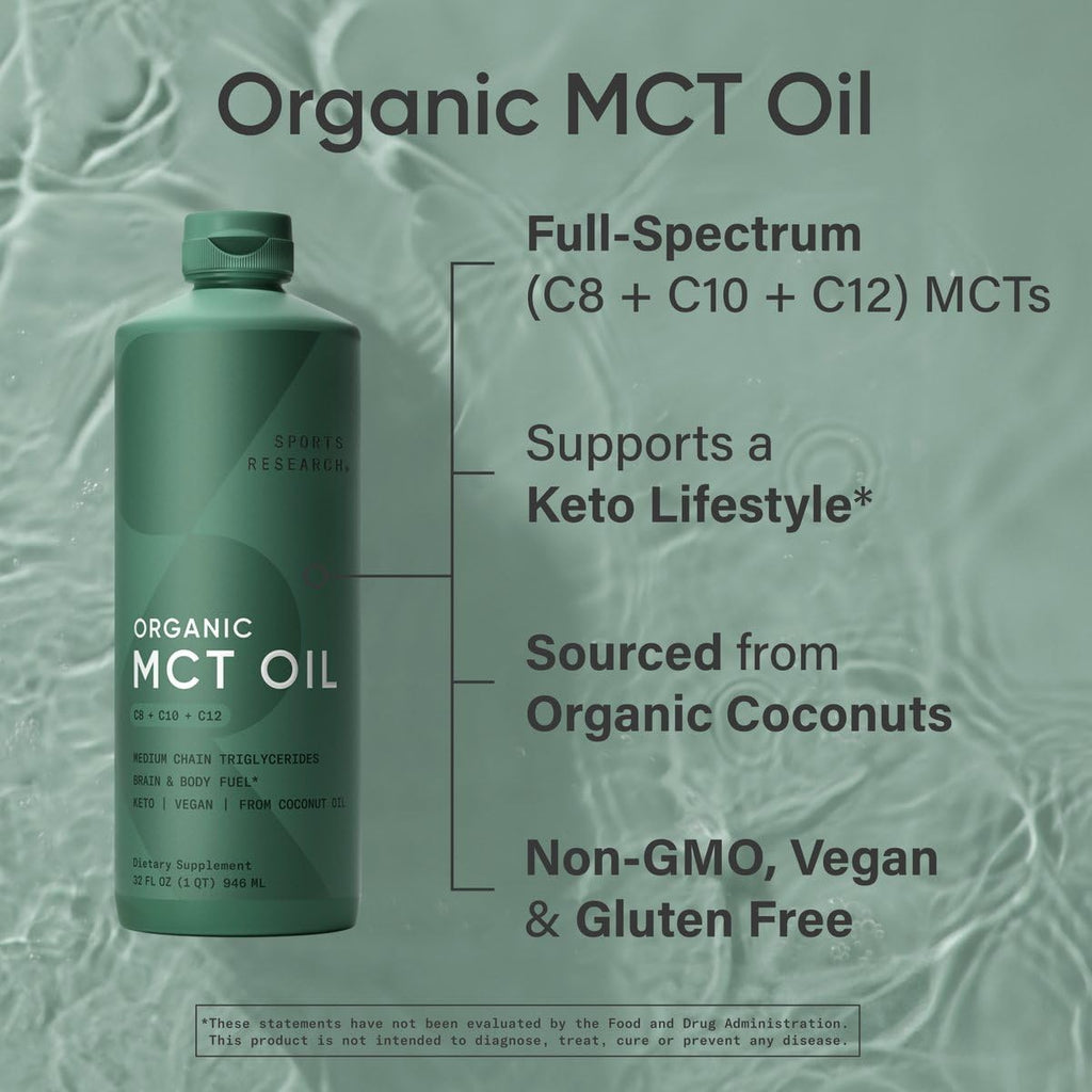 Sports Research Organic MCT Oil - Keto & Vegan MCTs C8, C10, C12 from Coconuts - Fatty Acid Brain & Body Fuel, Non-GMO & Gluten Free - Flavorless Oil, Perfect in Coffee, Tea & Protein Shakes - 32 oz - Maple Wellness Supplements