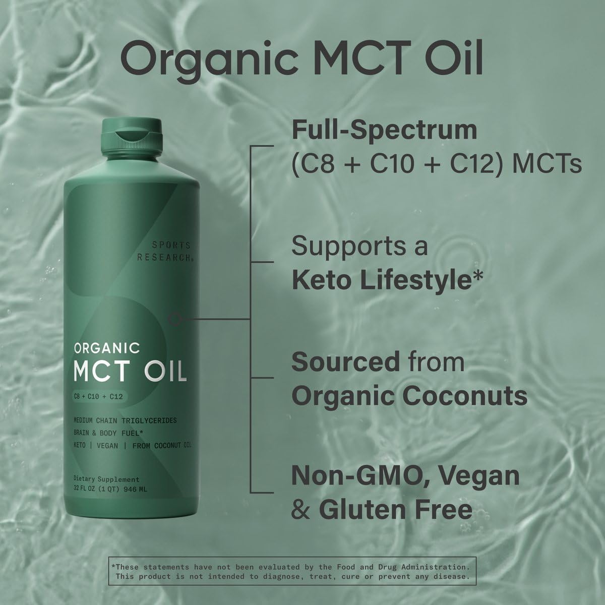 Sports Research Organic MCT Oil - Keto & Vegan MCTs C8, C10, C12 from Coconuts - Fatty Acid Brain & Body Fuel, Non-GMO & Gluten Free - Flavorless Oil, Perfect in Coffee, Tea & Protein Shakes - 32 oz - Maple Wellness Supplements