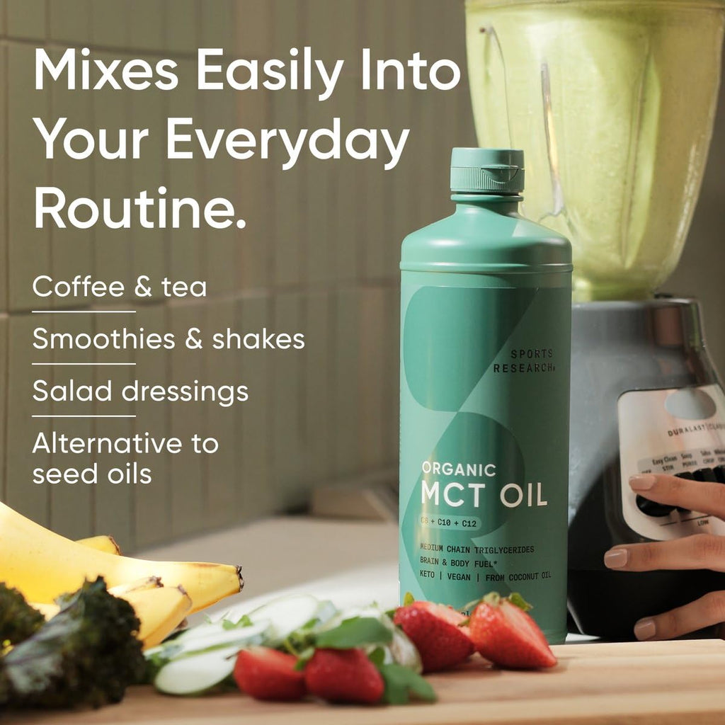 Sports Research Organic MCT Oil - Keto & Vegan MCTs C8, C10, C12 from Coconuts - Fatty Acid Brain & Body Fuel, Non-GMO & Gluten Free - Flavorless Oil, Perfect in Coffee, Tea & Protein Shakes - 32 oz - Maple Wellness Supplements