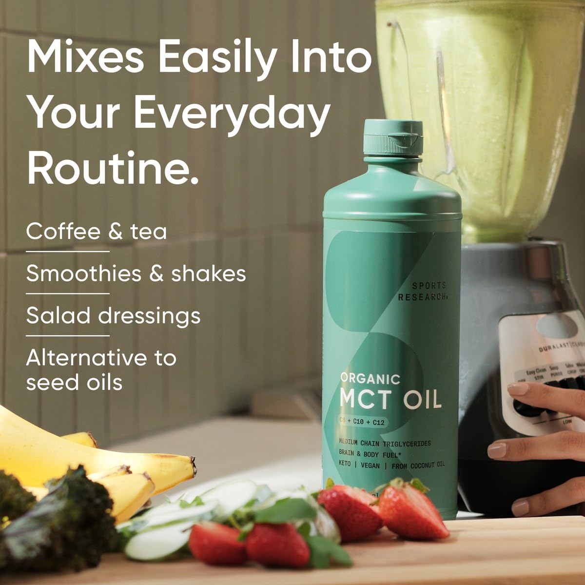Sports Research Organic MCT Oil - Keto & Vegan MCTs C8, C10, C12 from Coconuts - Fatty Acid Brain & Body Fuel, Non-GMO & Gluten Free - Flavorless Oil, Perfect in Coffee, Tea & Protein Shakes - 32 oz - Maple Wellness Supplements