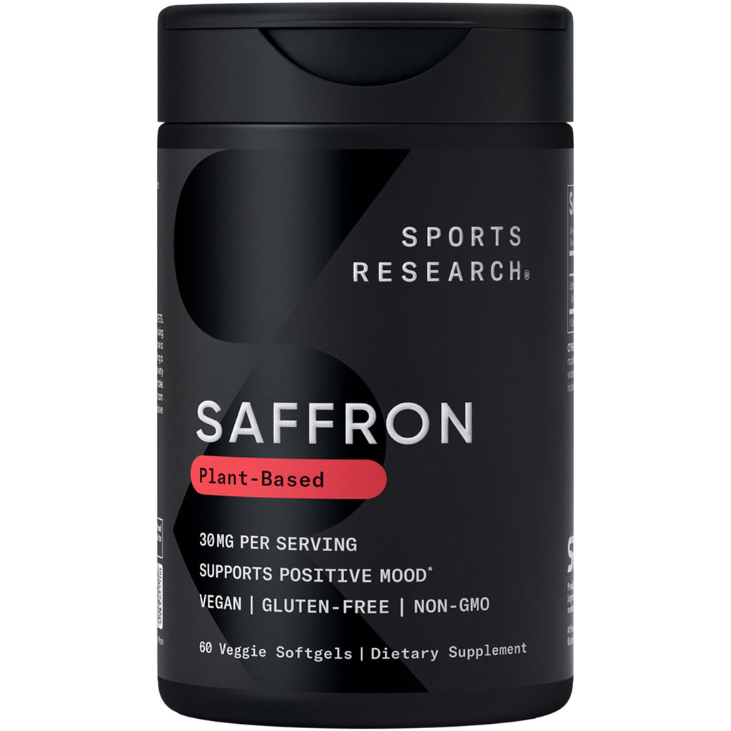 Sports Research® Pure Saffron Supplement, 30 mg - Mood & Stress Support - Made w/Affron® Saffron Extract - Vegan Certified · Non-GMO · Gluten Free – 60 Veggie Softgels - Maple Wellness Supplements