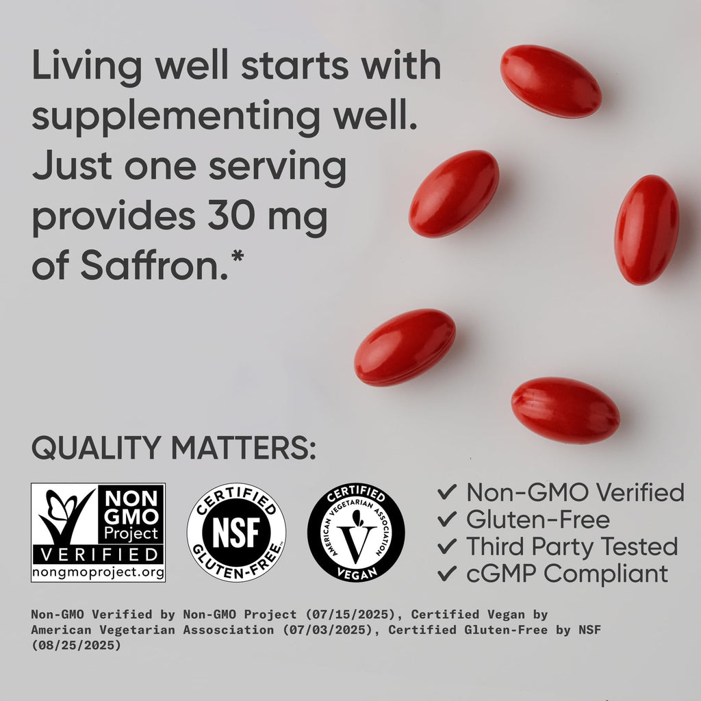 Sports Research® Pure Saffron Supplement, 30 mg - Mood & Stress Support - Made w/Affron® Saffron Extract - Vegan Certified · Non-GMO · Gluten Free – 60 Veggie Softgels - Maple Wellness Supplements