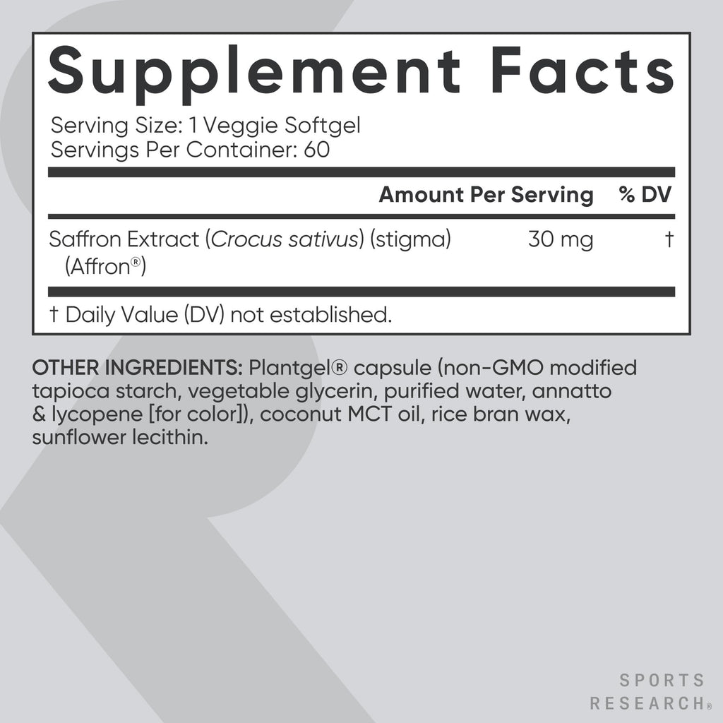 Sports Research® Pure Saffron Supplement, 30 mg - Mood & Stress Support - Made w/Affron® Saffron Extract - Vegan Certified · Non-GMO · Gluten Free – 60 Veggie Softgels - Maple Wellness Supplements