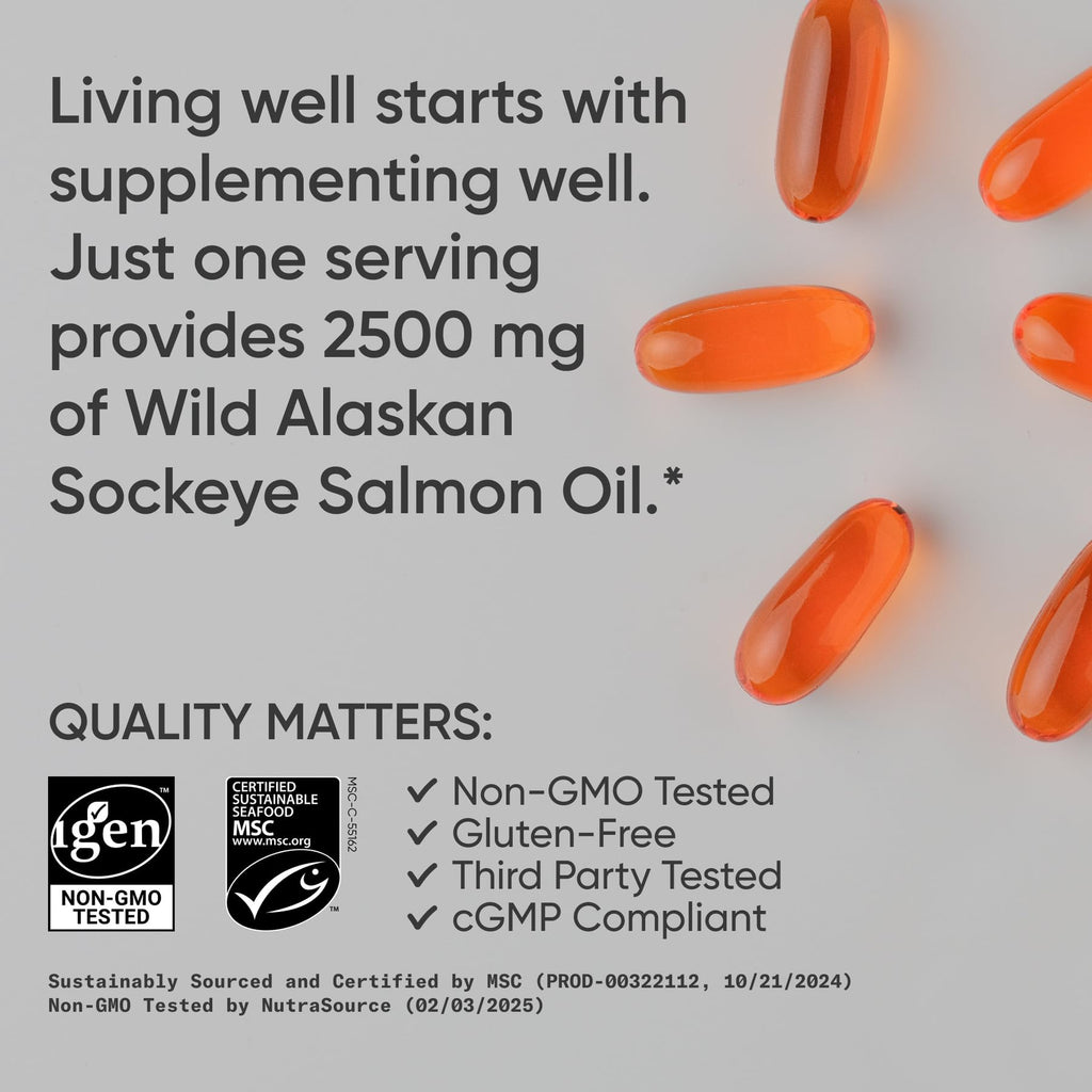 Sports Research® Salmon Oil - Single-Source Wild Alaskan Sockeye | 2500 mg per Serving w/EPA & DHA Fatty Acids | MSC Certified - 180 Count Softgels - Maple Wellness Supplements