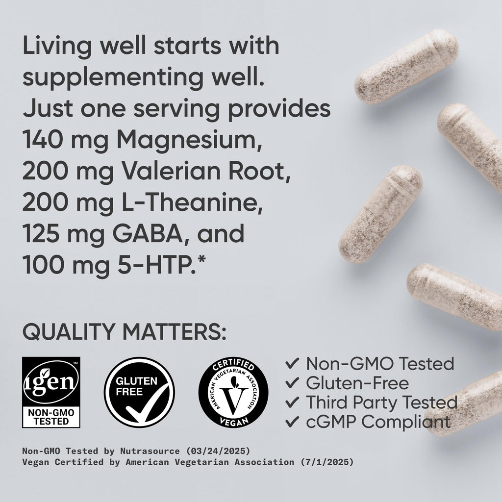 Sports Research® Sleep Complex- Melatonin-Free Vegan Capsules - with Valerian Root, GABA, L-Theanine, Magnesium & 5-HTP - 30 Servings - Maple Wellness Supplements