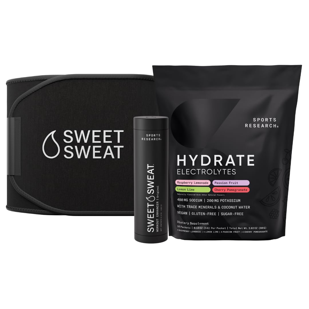 Sports Research® Sweet Sweat Black Waist Trimmer 'Xtra-Coverage' Belt (Size - Large), Multi Flavor Hydrate Electrolytes (16x Pack) and Original Workout Enhancer Roll-On Gel Stick - Maple Wellness Supplements
