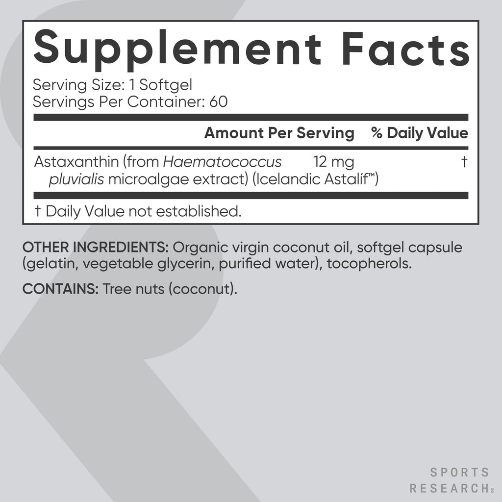 Sports Research® Triple Strength Astaxanthin 12mg w/Organic Coconut Oil - Antioxidant Supplement for Skin & Eye Health Support* - Soy Free · Non-GMO · Gluten Free - 60 Softgels - Maple Wellness Supplements