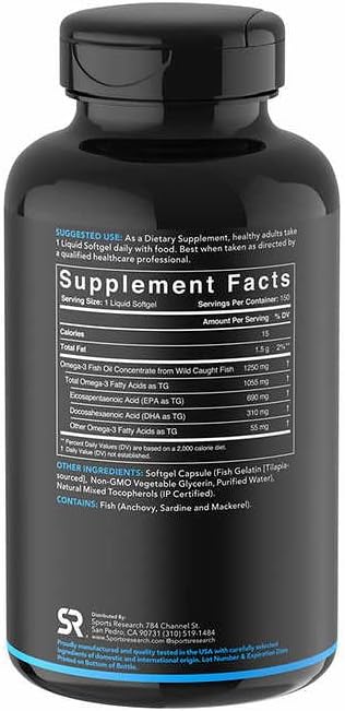 Sports Research Triple Strength Omega 3 Fish Oil - Burpless Fish Oil Supplement w/EPA & DHA Fatty Acids from Wild Caught Fish - Heart, Brain & Immune Support for Men & Women - 1250 mg, 150 ct - Maple Wellness Supplements